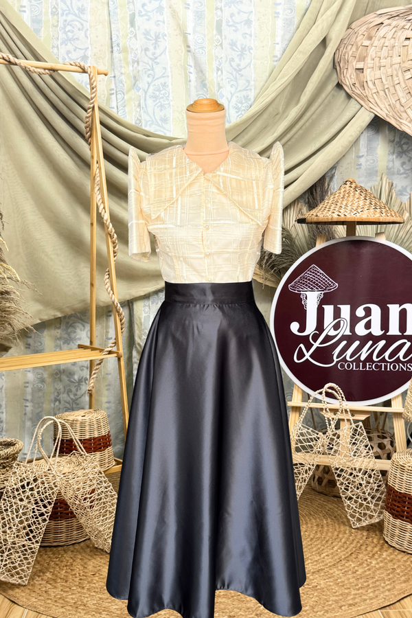 Myrielle Abaca Filipiniana Set Top with Black Duchess Satin Skirt